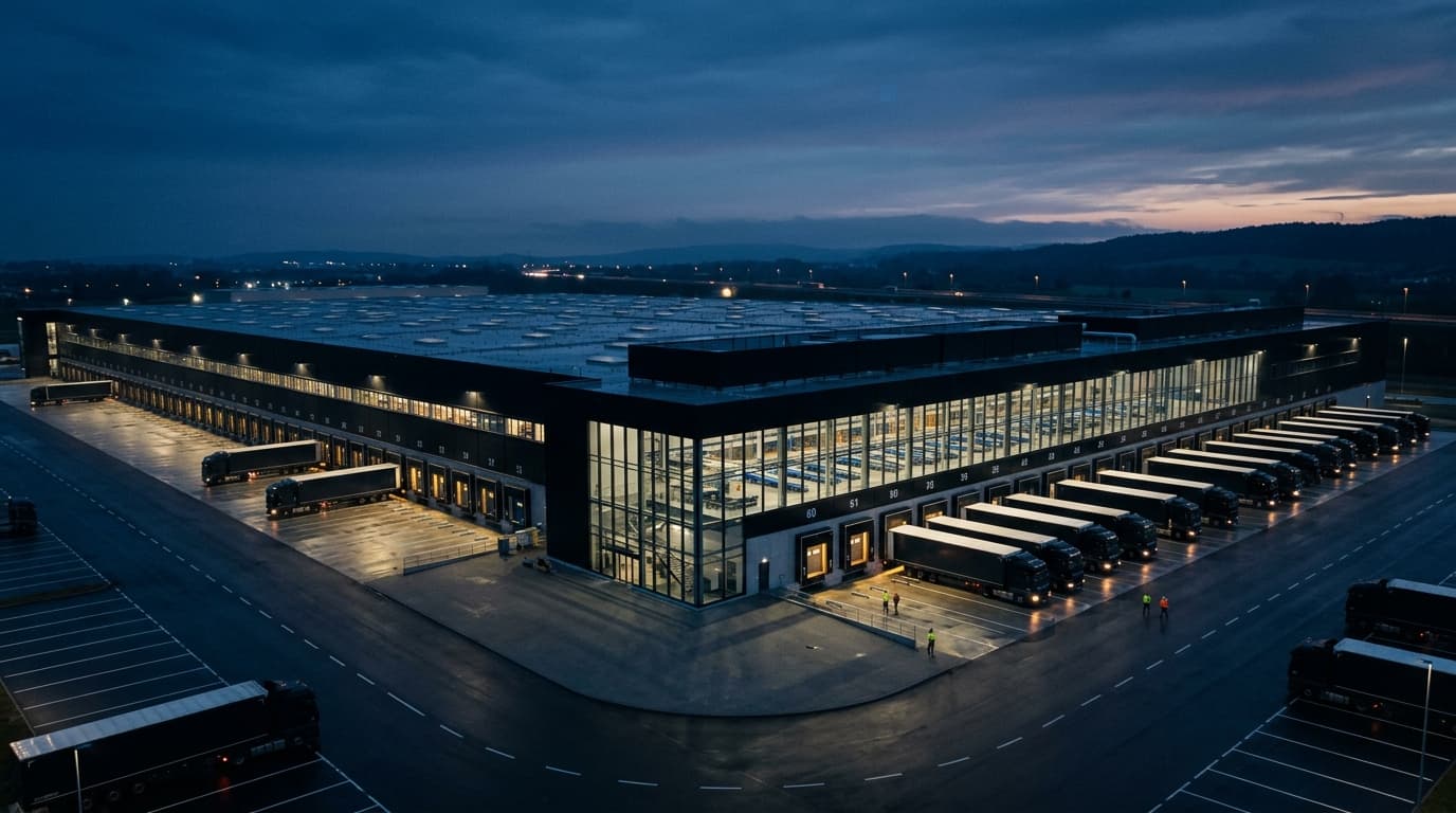 Modern high-tech distribution center at dusk